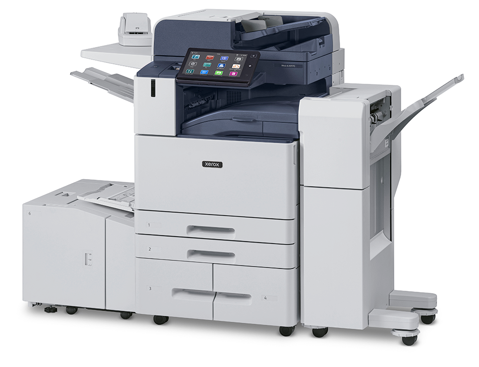 A Xerox multifunction printer/copier. This advanced office equipment features a large touchscreen control panel for easy operation, multiple paper trays for various paper sizes, and additional attachments for enhanced functionality, such as a document feeder and finisher.